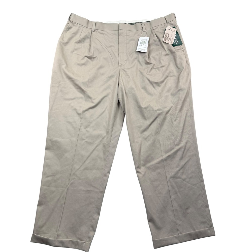 LL Bean Dress Chino Pants Mens 44 Khaki Pleated Hidden Comfort Waist 262556